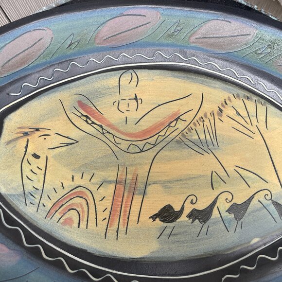 Laurie Rolland Signed Pottery Platter Dish Canadian Artist Stylized Nature Birds - Picture 3 of 7